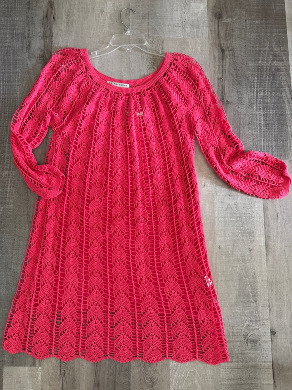 TRINA Turk Coral-Red Openwork Long-Sleeve Crochet Dress with Slip Size M
